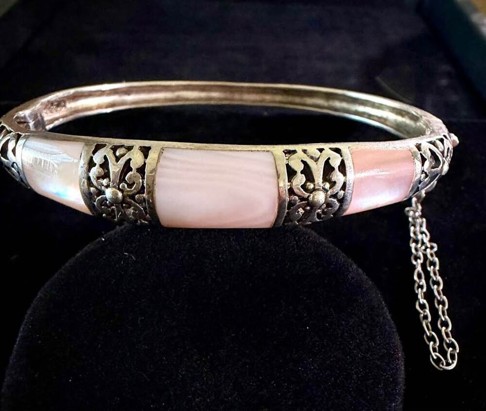 Vintage Sterling Silver Bangle Bracelet, Pink Mother-of-Pearl & Filigree, 925